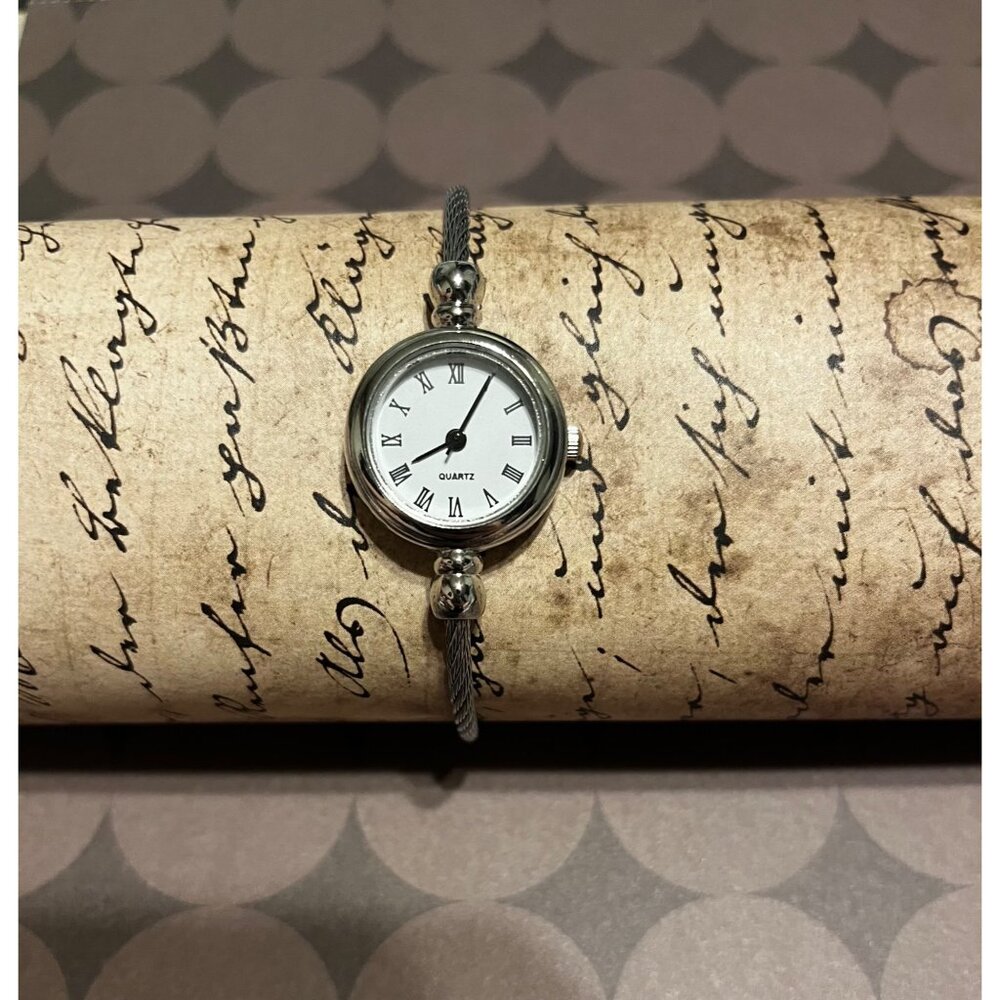 Silver-Tone Ladies Quartz Bracelet Watch With Accents & White Dial